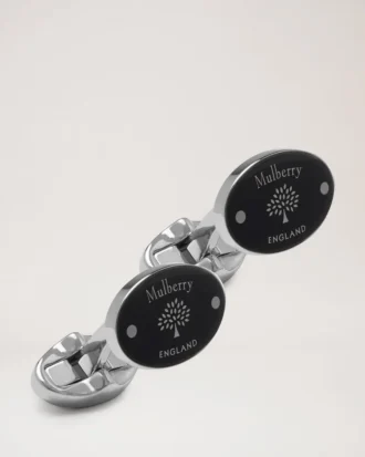 Oval Tree and Rivet Cufflinks Black Enamel Men