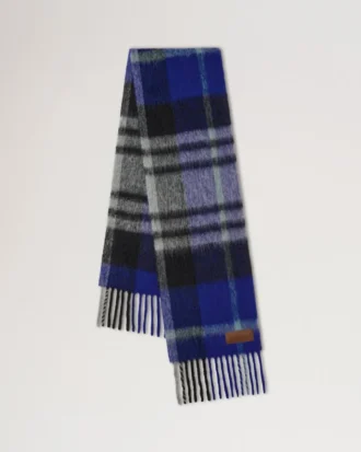 Oversized Check Textured Scarf Cobalt Blue & Black Wool Blend