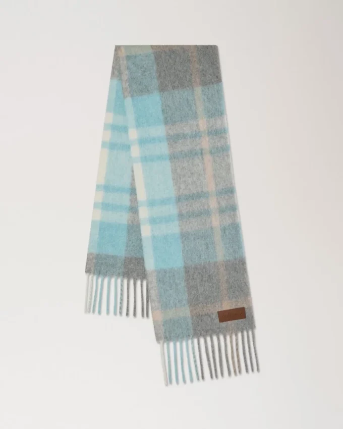Oversized Check Textured Scarf Grey & Light Blue Wool Blend
