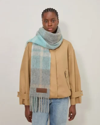Oversized Check Textured Scarf Grey & Light Blue Wool Blend