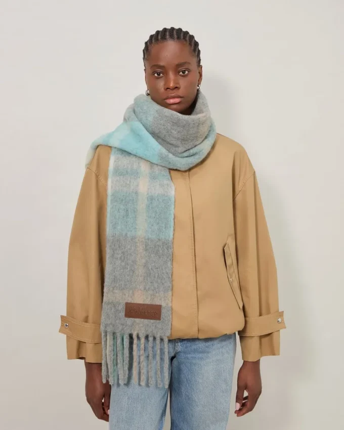 Oversized Check Textured Scarf Grey & Light Blue Wool Blend
