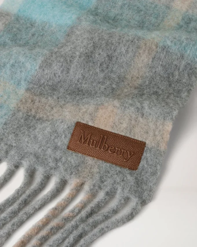 Oversized Check Textured Scarf Grey & Light Blue Wool Blend