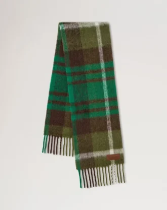 Oversized Check Textured Scarf Juniper Green & Emerald Wool Blend