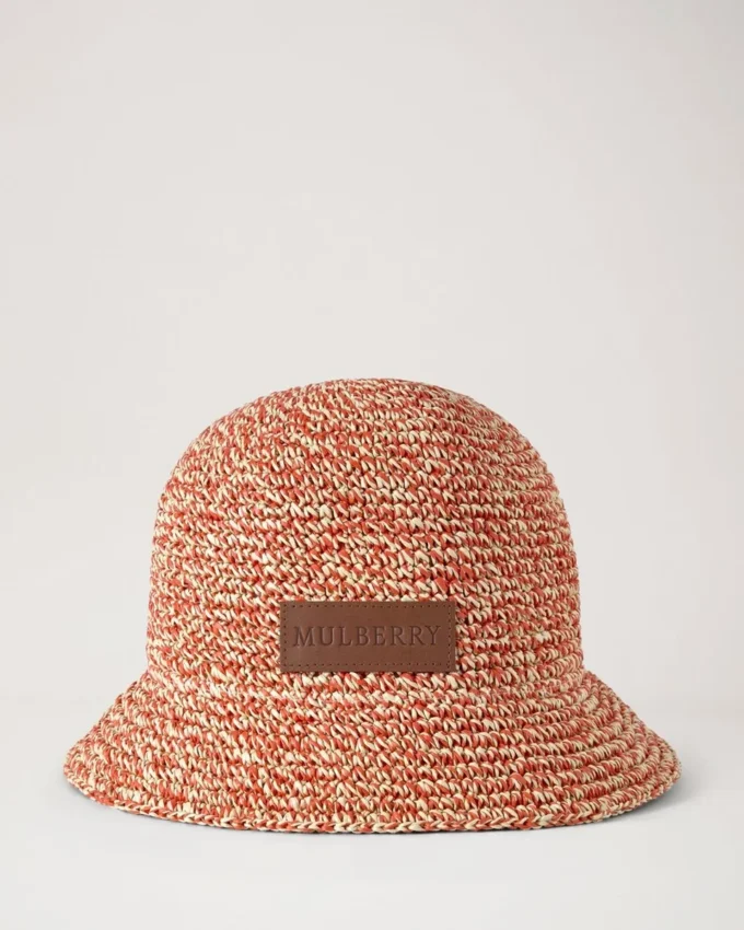 Raffia Bucket Hat Coral Orange & Chalk 100% Paper Raffia