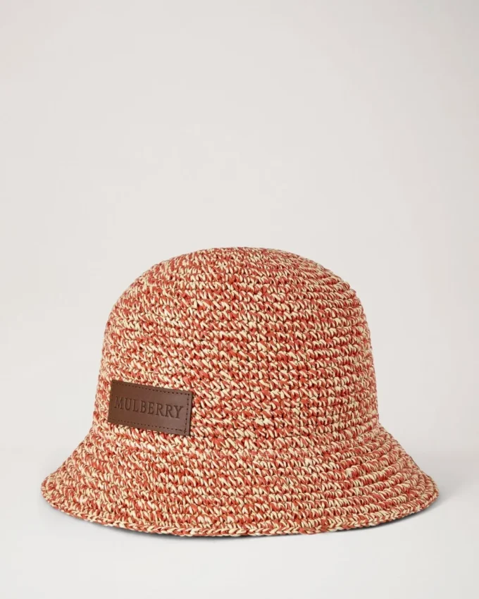 Raffia Bucket Hat Coral Orange & Chalk 100% Paper Raffia