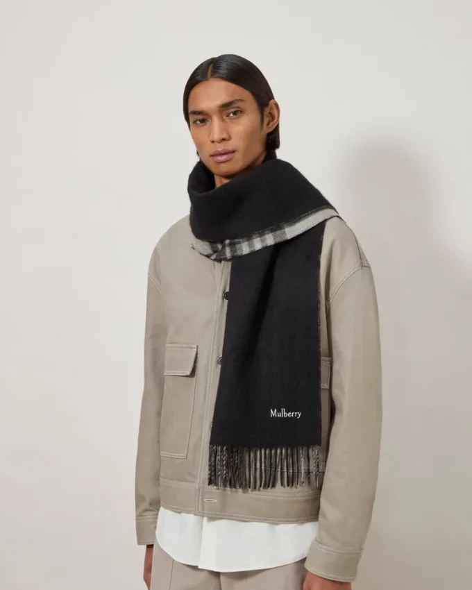 Reversible Cashmere Check Scarf Black & Eggshell Cashmere Reversible Cashmere Check Scarf Black & Eggshell Cashmere
