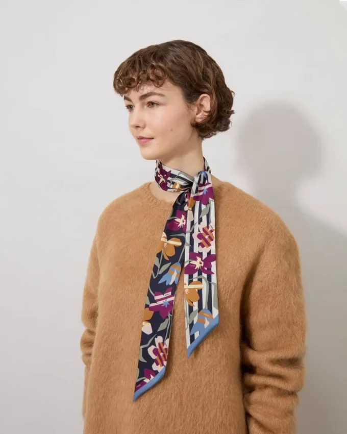 Skinny Scarf – Graphic Floral Night Sky & Orchid Bloom Recycled Polyester Skinny Scarf – Graphic Floral Night Sky & Orchid Bloom Recycled Polyester