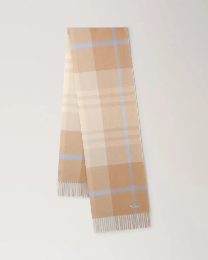 Small Check Merino Wool Scarf Camel & Poplin Blue Merino Wool Small Check Merino Wool Scarf Camel & Poplin Blue Merino Wool