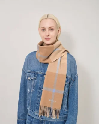Small Check Merino Wool Scarf Camel & Poplin Blue Merino Wool