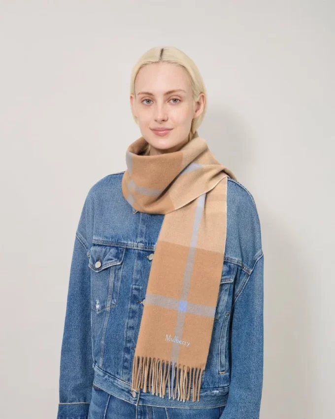Small Check Merino Wool Scarf Camel & Poplin Blue Merino Wool Small Check Merino Wool Scarf Camel & Poplin Blue Merino Wool