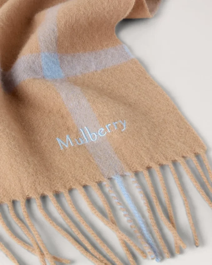 Small Check Merino Wool Scarf Camel & Poplin Blue Merino Wool Small Check Merino Wool Scarf Camel & Poplin Blue Merino Wool