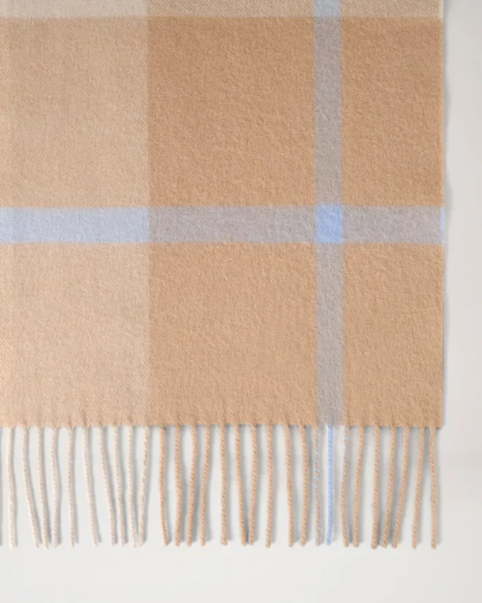Small Check Merino Wool Scarf Camel & Poplin Blue Merino Wool Small Check Merino Wool Scarf Camel & Poplin Blue Merino Wool
