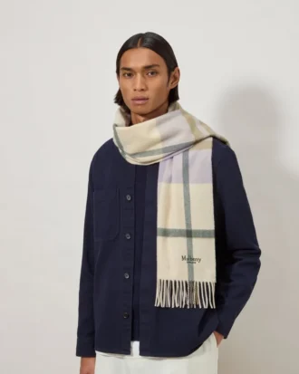 Small Check Merino Wool Scarf Eggshell & Olive Merino Wool