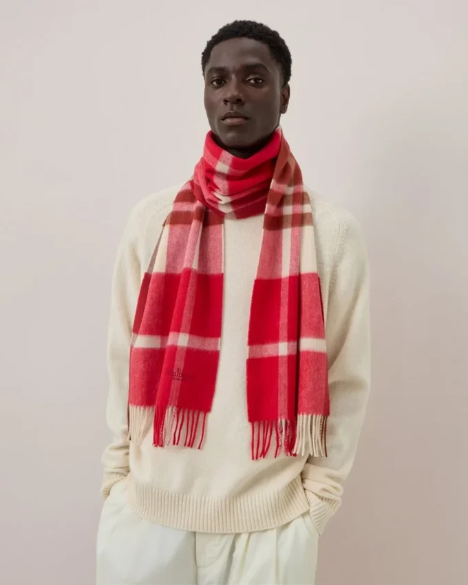 Small Check Merino Wool Scarf Scarlet Red & Bright Oak Merino Wool Small Check Merino Wool Scarf Scarlet Red & Bright Oak Merino Wool