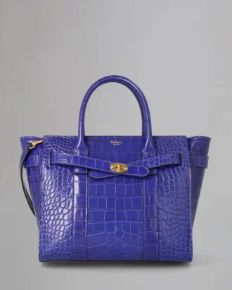 Small Zipped Bayswater Pre-Loved Cobalt Blue Shiny Croc