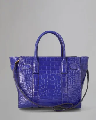 Small Zipped Bayswater Pre-Loved Cobalt Blue Shiny Croc