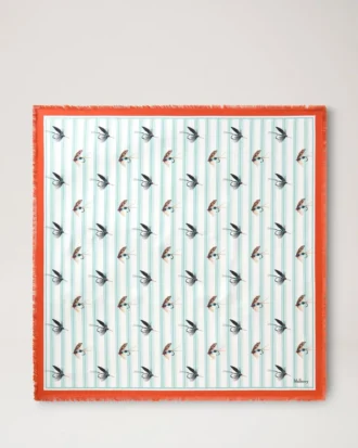 Square Scarf – Feather Lure Marina Blue & Coral Orange Silk Twill