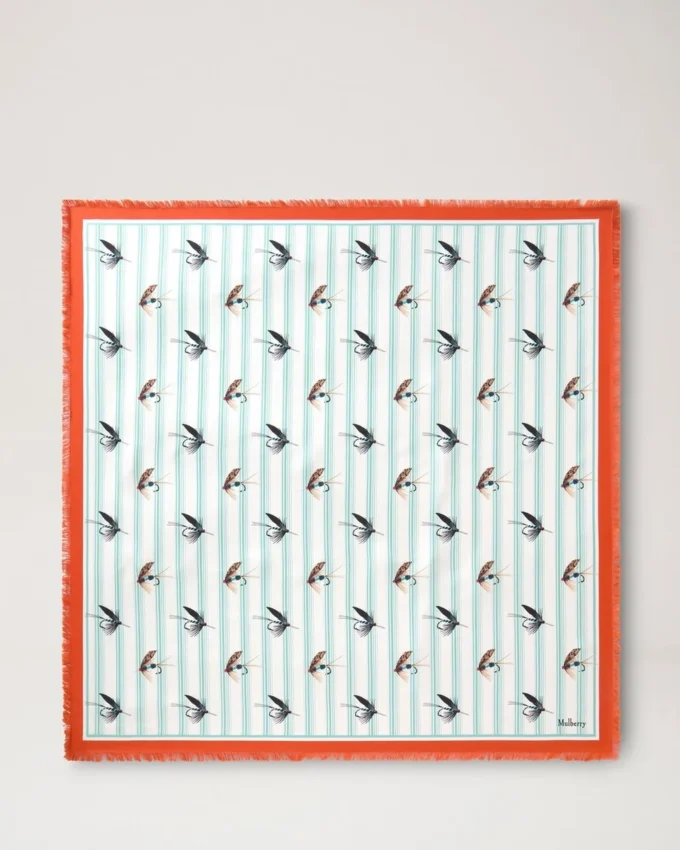 Square Scarf – Feather Lure Marina Blue & Coral Orange Silk Twill Square Scarf – Feather Lure Marina Blue & Coral Orange Silk Twill