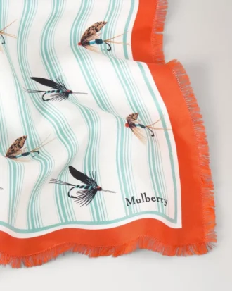 Square Scarf – Feather Lure Marina Blue & Coral Orange Silk Twill