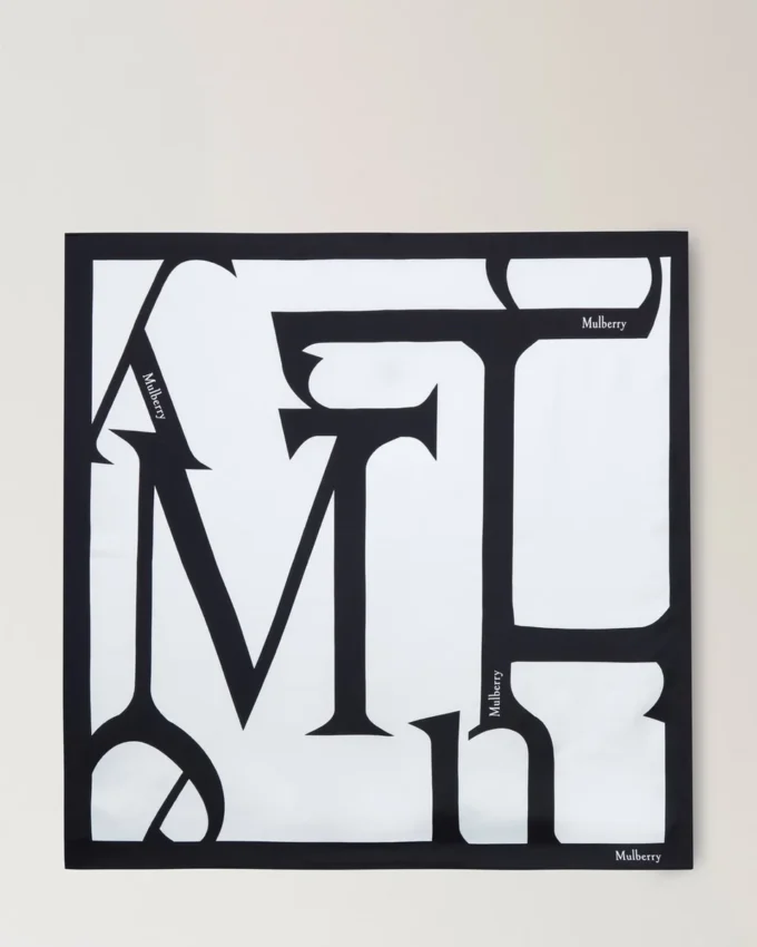 Square Scarf – Mulberry Lettering Eggshell & Black Silk Twill