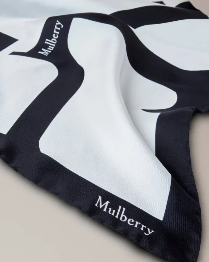 Square Scarf – Mulberry Lettering Eggshell & Black Silk Twill
